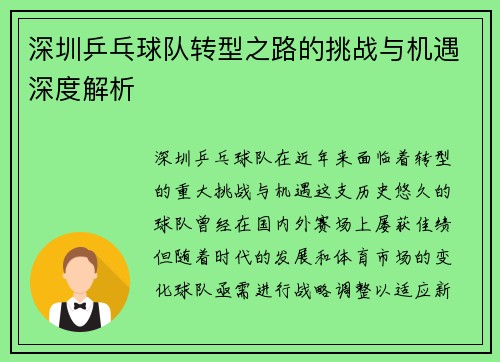 深圳乒乓球队转型之路的挑战与机遇深度解析